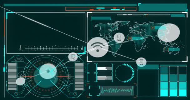 画面上のアイコンとデータ処理との接続のネットワークのアニメーション グローバル接続 コンピューティング データ処理コンセプトデジタル生成ビデオ — ストック動画
