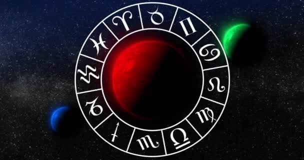 Animatie Van Cirkel Met Dierenriem Symbolen Globes Zwarte Achtergrond Horoscoop — Stockvideo