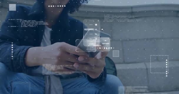 Animação Processamento Dados Sobre Homem Caucasiano Usando Smartphone Inteligência Artificial — Vídeo de Stock