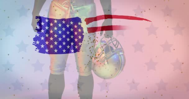 Animation Kaukasiska Amerikanska Fotbollsspelare Och Flagga Usa Amerikansk Patriotism Sport — Stockvideo