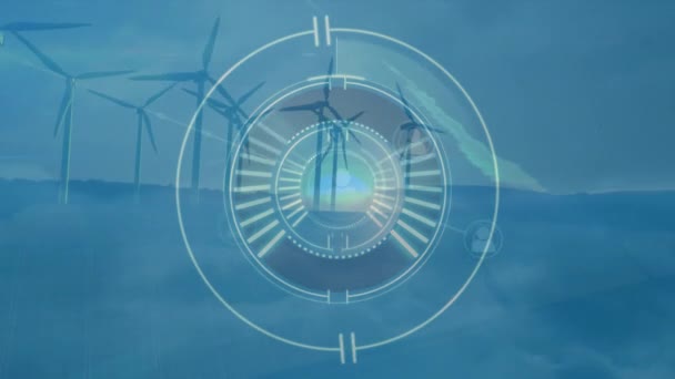 風力タービンやスコープスキャンで人々とのつながりのネットワークのアニメーション 世界の風力エネルギー コネクション コンピューティング データ処理のコンセプトをデジタル生成したビデオ — ストック動画