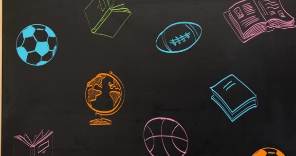 在黑色背景上移动的学校项目的动画图标 全球教育和数字接口概念数字生成的视频 — 图库视频影像