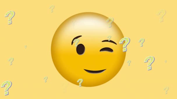 Animation Eines Lächelnden Emoji Symbols Mit Fragezeichen Auf Gelbem Hintergrund — Stockvideo