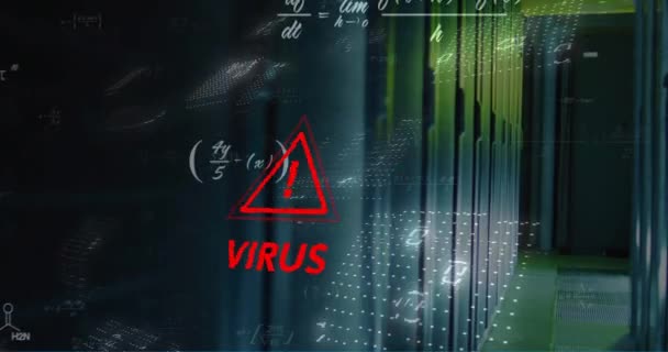 Animación Texto Virus Codificación Binaria Procesamiento Datos Través Servidores Informáticos — Vídeos de Stock