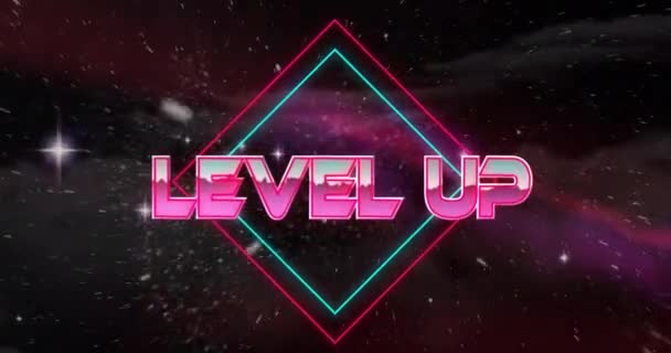 Animation Von Level Text Über Neon Muster Hintergrund Globales Videospiel — Stockvideo