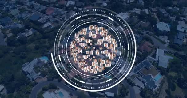 Hatókör Animációja Fotókkal Adatfeldolgozással Városkép Felett Globális Mesterséges Intelligencia Kapcsolatok — Stock videók