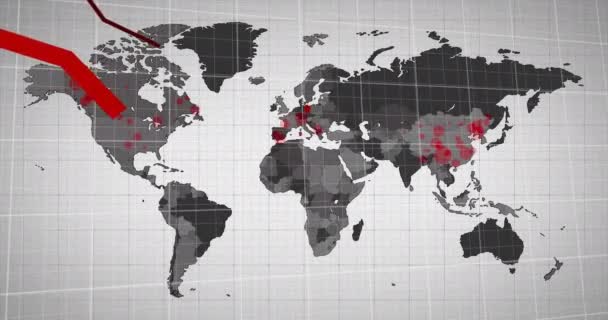 Animacja Czerwonych Linii Cyfrowe Przetwarzanie Danych Mapie Świata Koncepcja Globalnych — Wideo stockowe