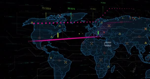 어두운 배경에서 지도를 디지털 데이터 처리의 애니메이션 글로벌 컴퓨팅 데이터 — 비디오