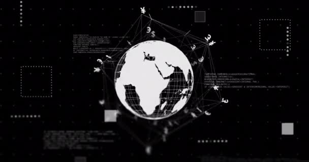 Animación Globo Con Signos Moneda Procesamiento Datos Sobre Fondo Negro — Vídeo de stock