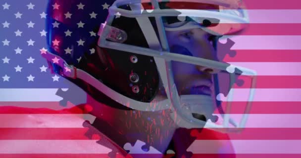 Animation Kaukasiska Amerikanska Fotbollsspelare Och Flagga Usa Amerikansk Patriotism Sport — Stockvideo
