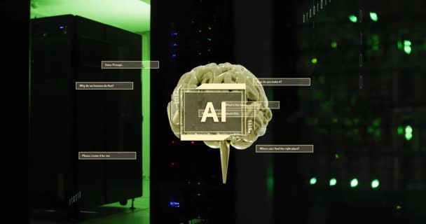 Animation Der Text Gehirn Und Datenverarbeitung Über Computerserver Globale Künstliche — Stockvideo