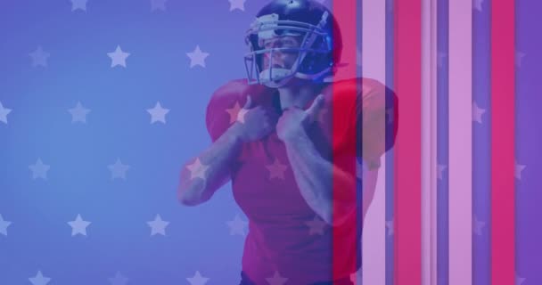 Κινούμενο Σχέδιο Του Καυκάσιου Αμερικανού Ποδοσφαιριστή Και Σημαία Των Ηπα — Αρχείο Βίντεο