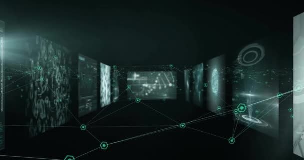 Анимация Цифровой Обработки Данных Экранах Черном Фоне Концепция Глобальных Соединений — стоковое видео