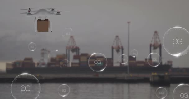 Animace Dronu Krabicí Nad Nákladní Lodí Globální Koncepce Dodání Dodání — Stock video