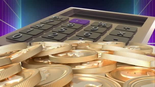 Animação Calculadora Moedas Ouro Euros Sobre Fundo Metaverso Conceito Finanças — Vídeo de Stock