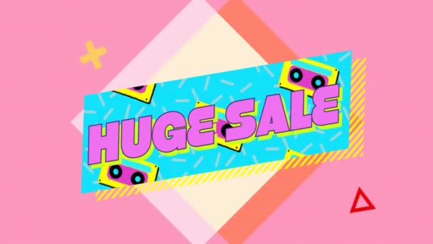 Animace Obrovského Prodeje Textu Růžové Retro Kazetě Banner Přes Čtverce — Stock video