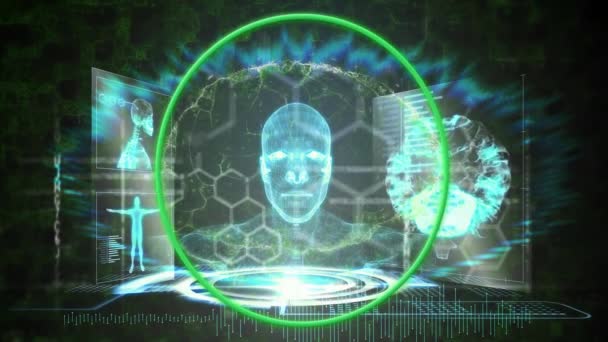 Animacja Biometrycznej Głowy Mózgu Przetwarzania Danych Przez Ekrany Ciemnym Tle — Wideo stockowe