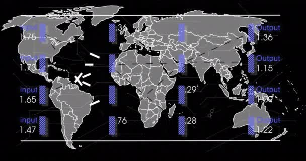 Animação Processamento Dados Digitais Mapa Mundo Sobre Fundo Preto Conexões — Vídeo de Stock