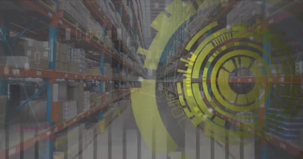 倉庫のスキャン範囲を用いたデータ処理のアニメーション グローバルデリバリー デジタルインターフェースコンセプトデジタル生成ビデオ — ストック動画
