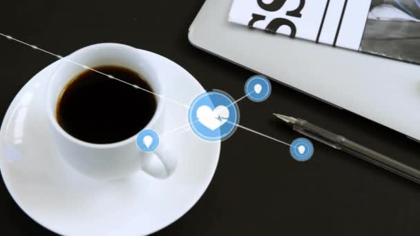 Animatie Van Het Netwerk Van Verbindingen Met Pictogrammen Kopje Koffie — Stockvideo