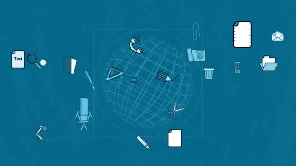 Animação Ícones Negócios Globo Sobre Fundo Azul Conceito Global Negócios — Vídeo de Stock