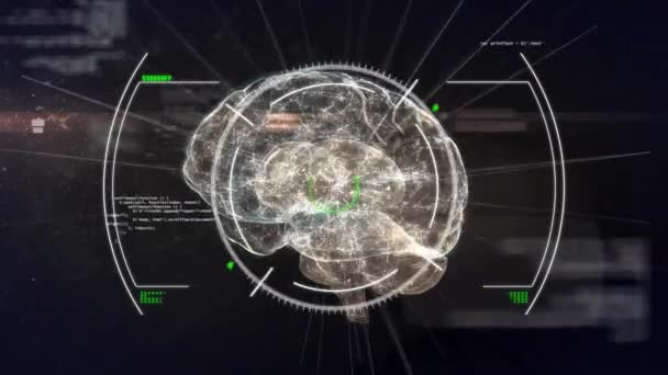 人間の脳のアニメーション ダークバックグラウンドでデータを処理するスキャン グローバルファイナンス ビジネス コネクション コンピューティング データ処理コンセプトデジタル生成ビデオ — ストック動画