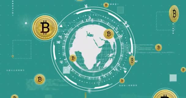 Animasi Simbol Bitcoin Dan Globe Dengan Latar Belakang Hijau Konsep — Stok Video