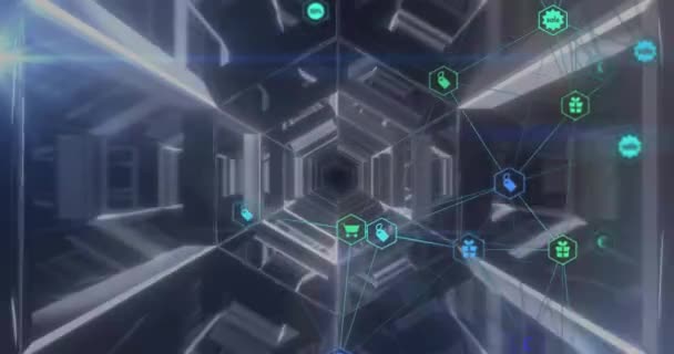 Animação Rede Conexões Com Ícones Sobre Túnel Digital Sobre Fundo — Vídeo de Stock