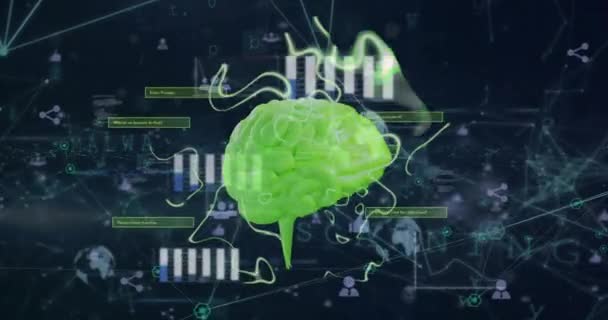 人間の脳とデータ処理のアニメーション グローバル人工知能 コンピューティング データ処理コンセプトデジタル生成ビデオ — ストック動画