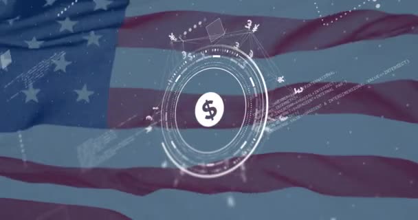 Анімація Символу Долара Даних Над Прапором Сша Глобальні Фінанси Бізнес — стокове відео