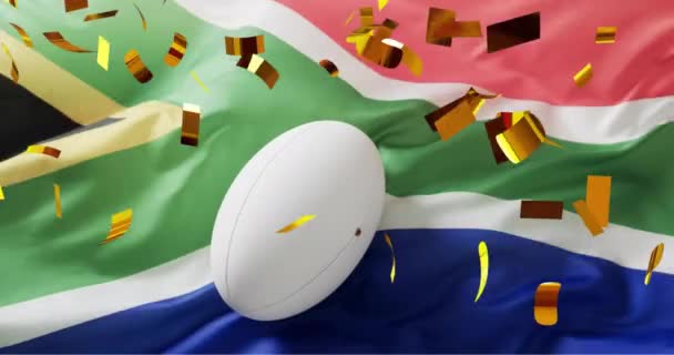 Animazione Coriandoli Pallone Rugby Bianco Bandiera Del Sudafrica Concetto Rugby — Video Stock