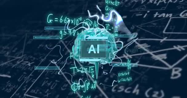 Animatie Van Draaiende Hersenen Tekst Wiskundige Vergelijkingen Figuren Wetenschap Digitale — Stockvideo