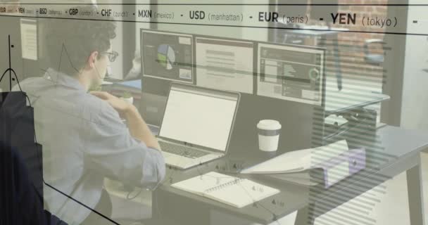 利用在职计算机对高加索商人进行金融数据处理动画 全球金融 计算和数据处理概念 — 图库视频影像