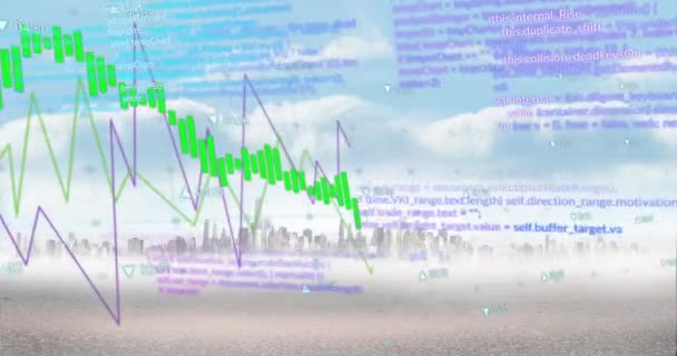Анимация Графиков Обработка Данных Яркому Облачному Городскому Пейзажу Данные Цифровой — стоковое видео
