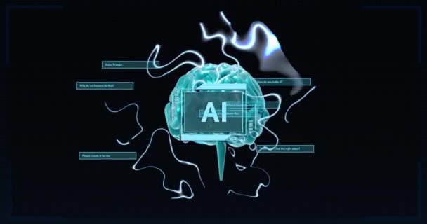 Animación Texto Cerebro Procesamiento Datos Sobre Fondo Negro Inteligencia Artificial — Vídeo de stock