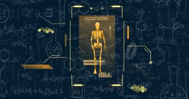Animation Wissenschaftlicher Gleichungen Und Skelett Beim Gehen Auf Blauem Hintergrund — Stockvideo