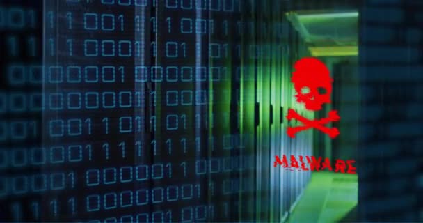 Animación Texto Malware Procesamiento Datos Través Servidores Informáticos Ciberseguridad Global — Vídeos de Stock