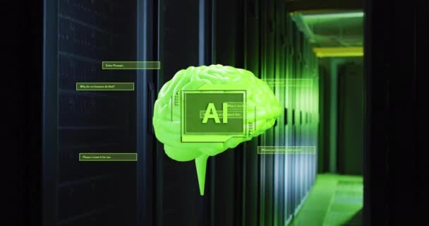 Animering Aitext Hjärna Och Databehandling Datorservrar Global Artificiell Intelligens Anslutningar — Stockvideo