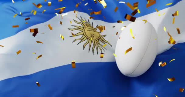 Animation Confettis Sur Ballon Rugby Blanc Drapeau Argentin Rugby Sport — Video