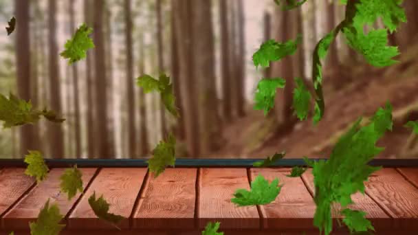 Animación Hojas Otoñales Que Caen Sobre Árboles Superficie Madera Otoño — Vídeos de Stock