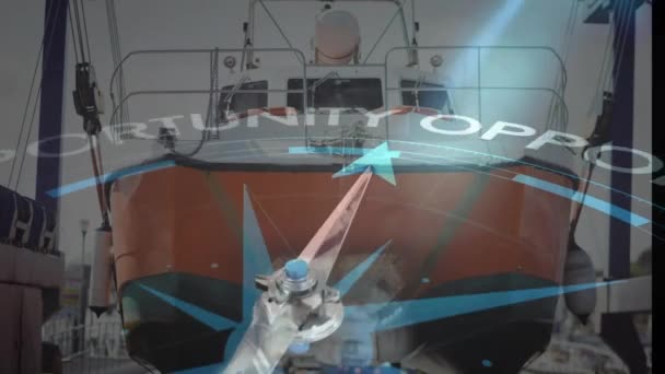 Animazione Bussola Con Freccia Che Punta Testo Opportunità Sulla Barca — Video Stock
