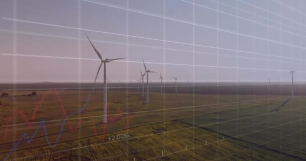 Animação Processamento Dados Financeiros Sobre Turbinas Eólicas Conceito Global Energia — Vídeo de Stock