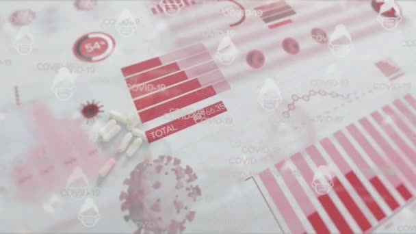 배경에서 데이터 처리를 마스크와 바이러스 세포로 머리의 애니메이션 글로벌 전염병 — 비디오
