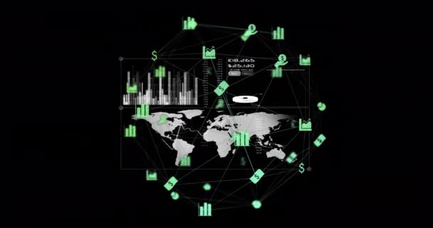 Animação Processamento Dados Globo Sobre Fundo Preto Conceito Finanças Globais — Vídeo de Stock