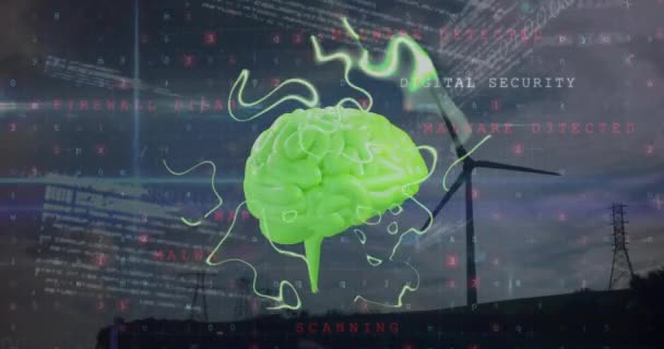 風力タービンのアニメーション 人間の脳とデータ処理 グローバル人工知能 コンピューティング データ処理コンセプトデジタル生成ビデオ — ストック動画