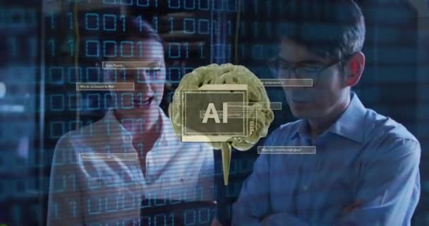 Aiテキスト 人間の脳 バイナリコーディングのアニメーションは コンピュータサーバーによってエンジニアをコーディングします グローバル人工知能 コンピューティング データ処理コンセプトデジタル生成ビデオ — ストック動画