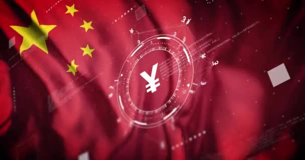 中国の旗の上に円シンボルと電卓のアニメーション グローバルファイナンス ビジネス コネクション コンピューティング データ処理コンセプトデジタル生成ビデオ — ストック動画