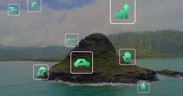 湖の風景上のエコロジーアイコンのアニメーション グローバルデリバリー デジタルインターフェースコンセプトデジタル生成ビデオ — ストック動画