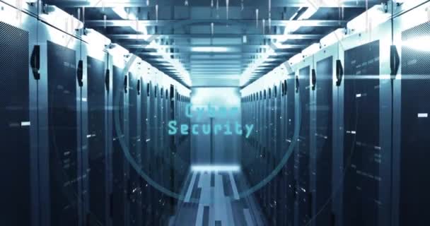 Анімація Тексту Кібербезпеки Цифрової Обробки Даних Над Комп Ютерними Серверами — стокове відео