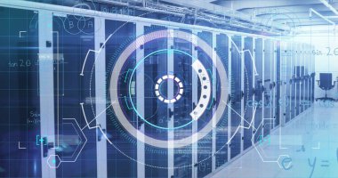 Sunucu odasında veri işleme resmi. küresel iş ve dijital arayüz kavramı dijital olarak oluşturulmuş görüntü.